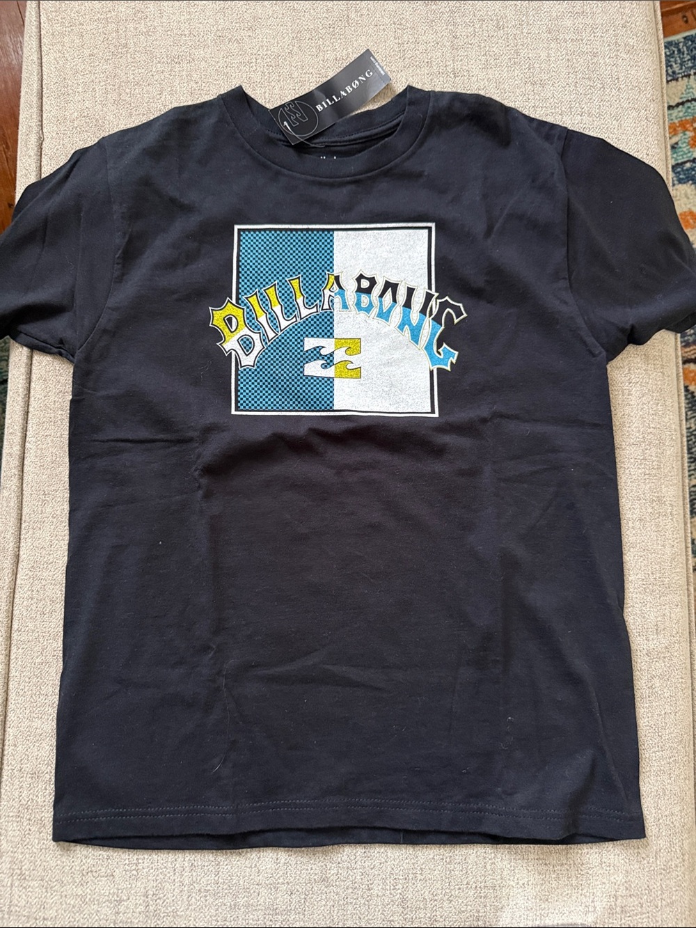 Billabong Black T‑Shirt with Blue, White & Yellow Graphic